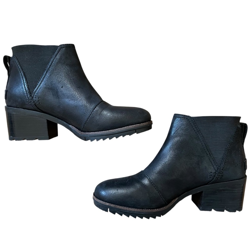 Sorel Cate Chelsea Pull On Ankle Boots Block Heel Waterproof Leather Black